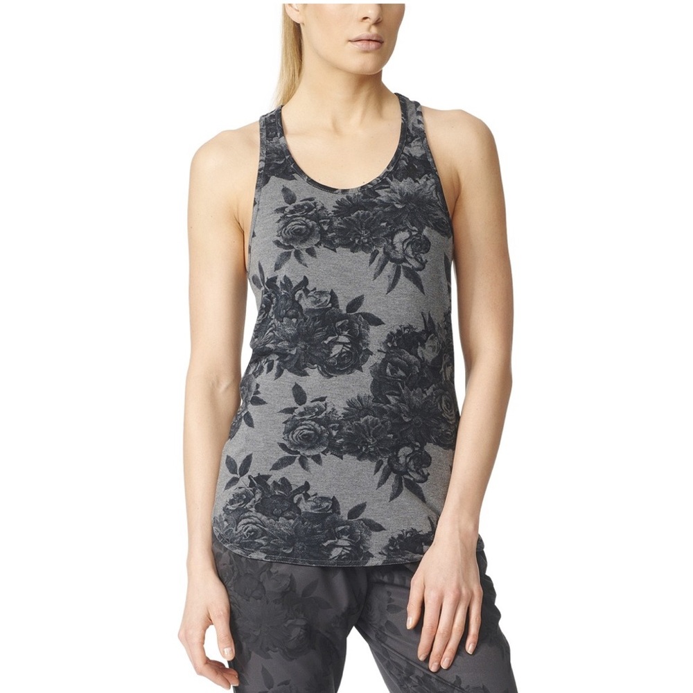 Adidas Racerback Tank Top Floral Grey Black Small